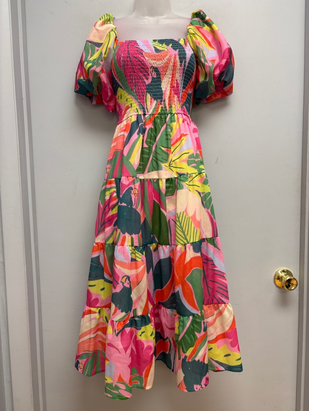 ✨ Crystal Doll Tropical Puff Sleeve Smocked Tiered Midi Dress | Size XL